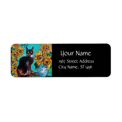 SUNFLOWERS WITH BLACK CAT IN BLUE TURQUOISE LABEL