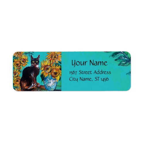 SUNFLOWERS WITH BLACK CAT IN BLUE TURQUOISE LABEL
