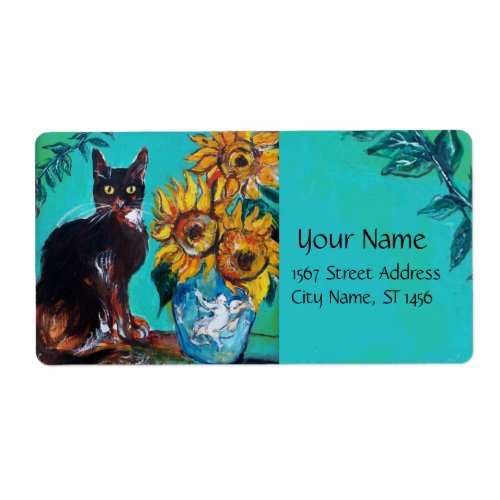 SUNFLOWERS WITH BLACK CAT IN BLUE TURQUOISE LABEL