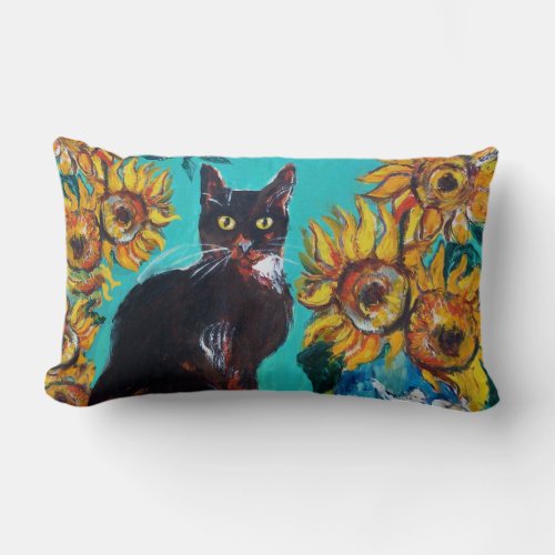 SUNFLOWERS WITH BLACK CAT IN BLUE TURQUOISE LUMBAR PILLOW