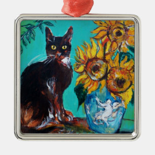 SUNFLOWERS WITH BLACK CAT IN BLUE TURQUOISE METAL ORNAMENT