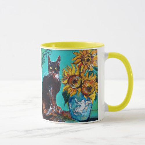 SUNFLOWERS WITH BLACK CAT IN BLUE TURQUOISE MUG