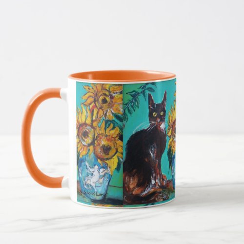 SUNFLOWERS WITH BLACK CAT IN BLUE TURQUOISE MUG