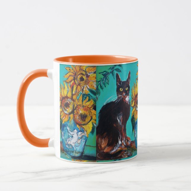 SUNFLOWERS WITH BLACK CAT IN BLUE TURQUOISE MUG (Left)