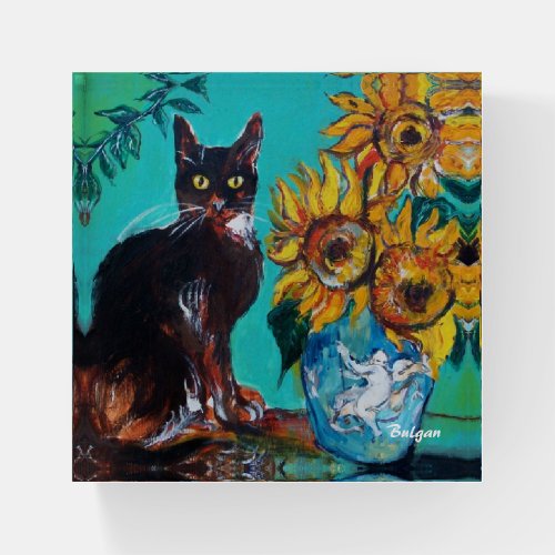 SUNFLOWERS WITH BLACK CAT IN BLUE TURQUOISE PAPERWEIGHT