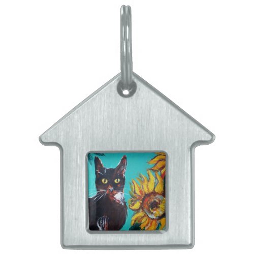 SUNFLOWERS WITH BLACK CAT IN BLUE TURQUOISE PET ID TAG
