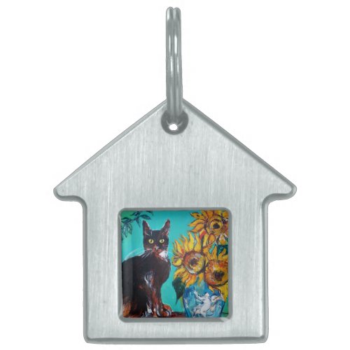 SUNFLOWERS WITH BLACK CAT IN BLUE TURQUOISE PET TAG