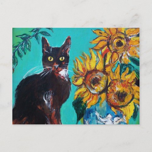 SUNFLOWERS WITH BLACK CAT IN BLUE TURQUOISE POSTCARD
