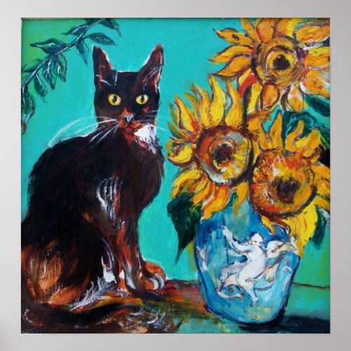 SUNFLOWERS WITH BLACK CAT IN BLUE TURQUOISE POSTER