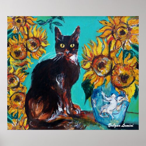 SUNFLOWERS WITH BLACK CAT IN BLUE TURQUOISE POSTER