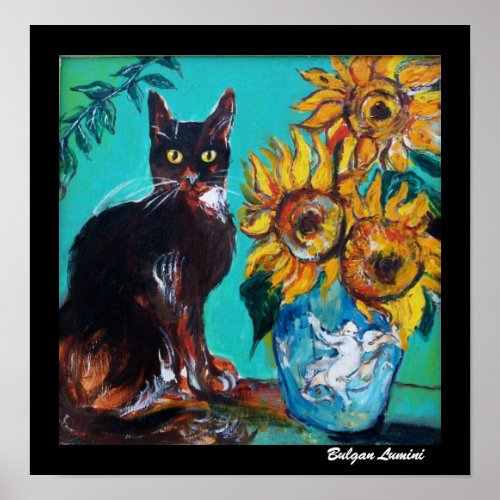 SUNFLOWERS WITH BLACK CAT IN BLUE TURQUOISE POSTER