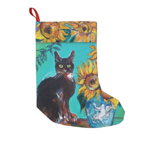 SUNFLOWERS WITH BLACK CAT IN BLUE TURQUOISE SMALL CHRISTMAS STOCKING