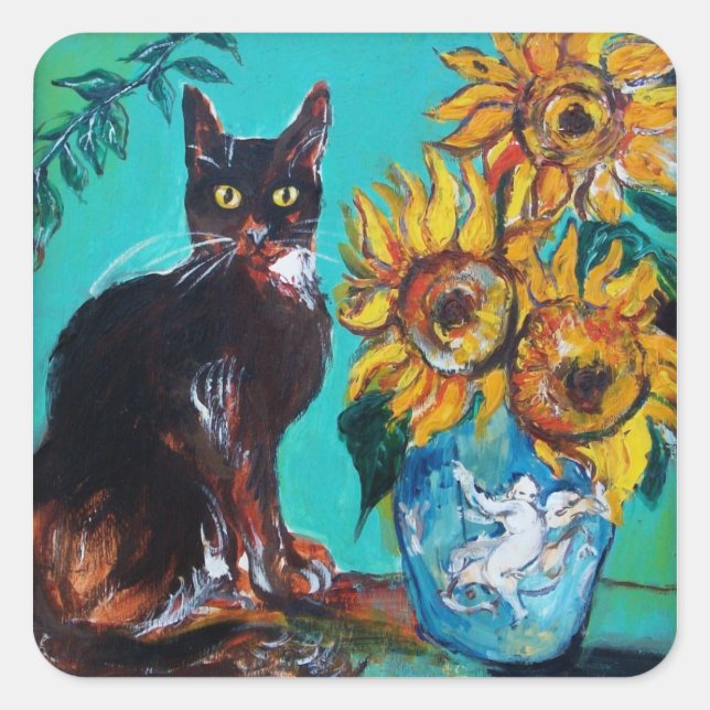 SUNFLOWERS WITH BLACK CAT IN BLUE TURQUOISE SQUARE STICKER (Front)