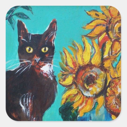 SUNFLOWERS WITH BLACK CAT IN BLUE TURQUOISE SQUARE STICKER