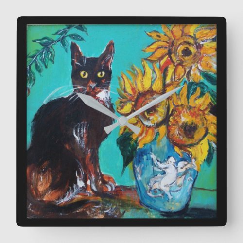 SUNFLOWERS WITH BLACK CAT IN BLUE TURQUOISE SQUARE WALL CLOCK