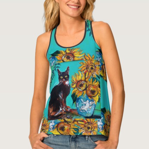 SUNFLOWERS WITH BLACK CAT IN BLUE TURQUOISE  TANK TOP