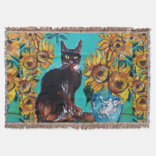 SUNFLOWERS WITH BLACK CAT IN BLUE TURQUOISE THROW BLANKET