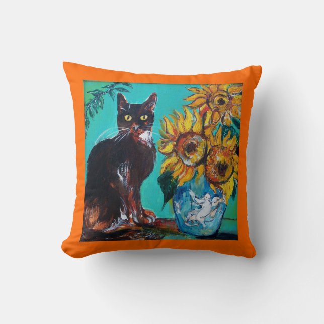 SUNFLOWERS WITH BLACK CAT IN BLUE TURQUOISE THROW PILLOW (Front)