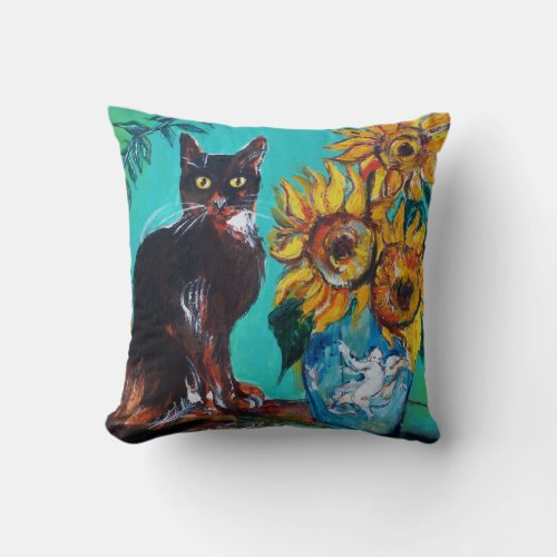SUNFLOWERS WITH BLACK CAT IN BLUE TURQUOISE THROW PILLOW