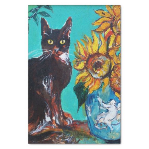 SUNFLOWERS WITH BLACK CAT IN BLUE TURQUOISE TISSUE PAPER