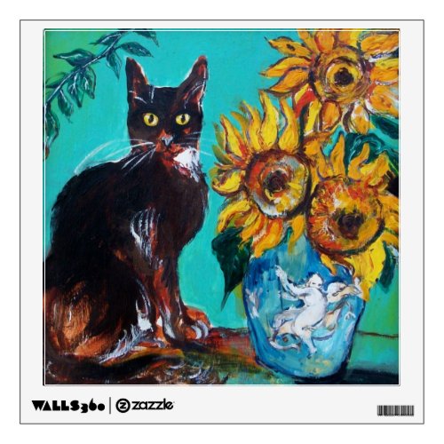 SUNFLOWERS WITH BLACK CAT IN BLUE TURQUOISE WALL DECAL