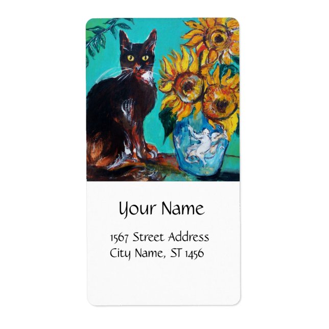 SUNFLOWERS WITH BLACK CAT IN BLUE TURQUOISE White Label (Front)