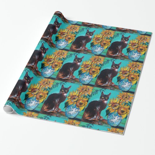 SUNFLOWERS WITH BLACK CAT IN BLUE TURQUOISE WRAPPING PAPER