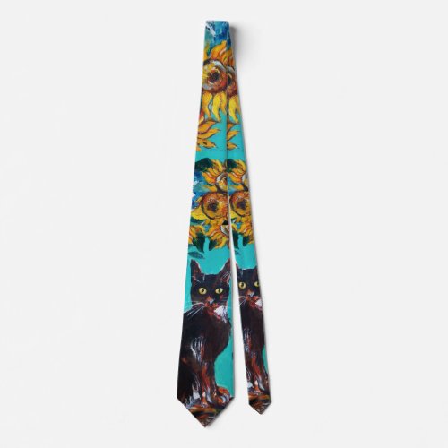 SUNFLOWERS WITH BLACK CAT IN TURQUOISE BLUE NECK TIE