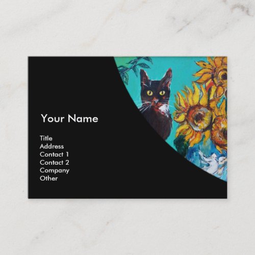 SUNFLOWERS WITH BLACK CAT MONOGRAM Blue Yellow Business Card