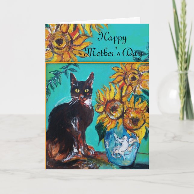 SUNFLOWERS WITH BLACK CAT Mother's Day Card (Front)