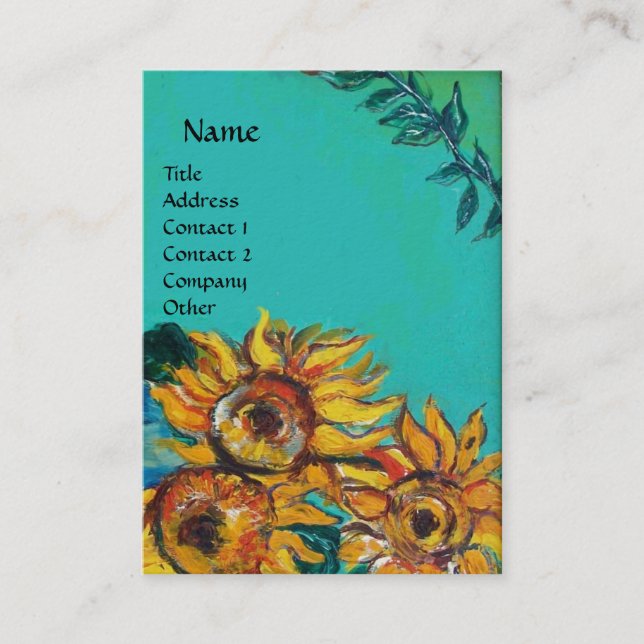 SUNFLOWERS WITH BLACK CAT Yellow Turquoise Blue Business Card (Front)
