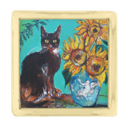 SUNFLOWERS WITH BLACK CAT,Yellow Turquoise Blue Gold Finish Lapel Pin