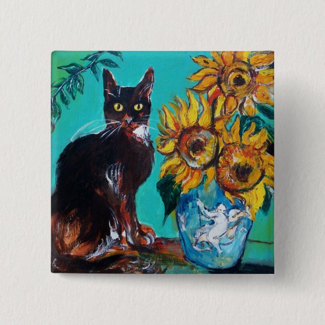 SUNFLOWERS WITH BLACK CAT,Yellow Turquoise Blue Pinback Button (Front)