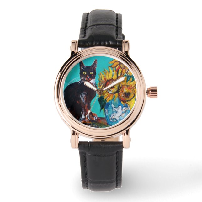 SUNFLOWERS WITH BLACK CAT Yellow Turquoise Blue Watch (Front)