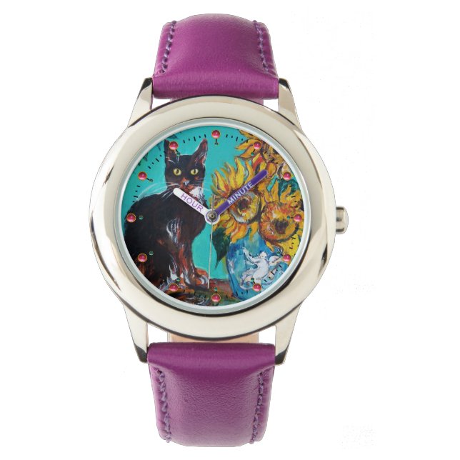 SUNFLOWERS WITH BLACK CAT,Yellow,Turquoise Blue Watch (Front)