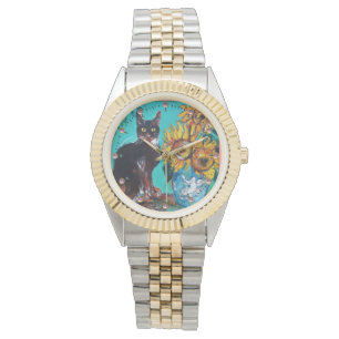 SUNFLOWERS WITH BLACK CAT,Yellow,Turquoise Blue Watch