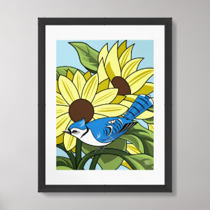 Sunflowers With Bluejay Framed Art