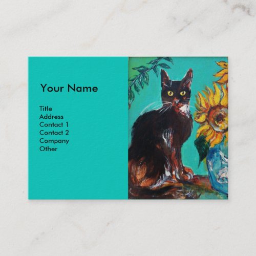 SUNFLOWERS WITH CAT blue Business Card