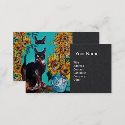 SUNFLOWERS WITH CAT IN BLUE Monogram Black Paper Business Card