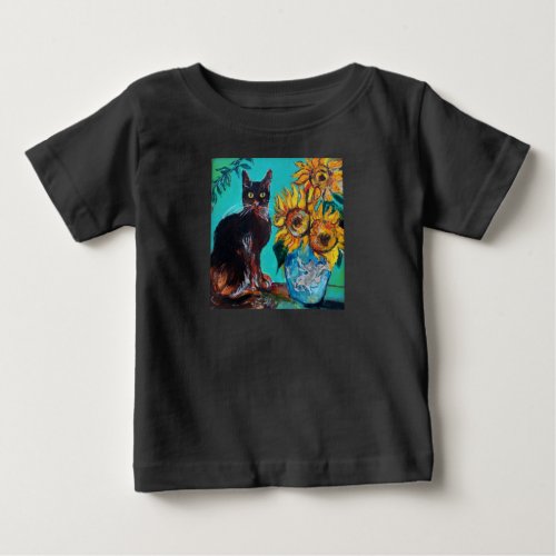 SUNFLOWERS WITH CAT IN BLUE TURQUOISE BABY T_Shirt