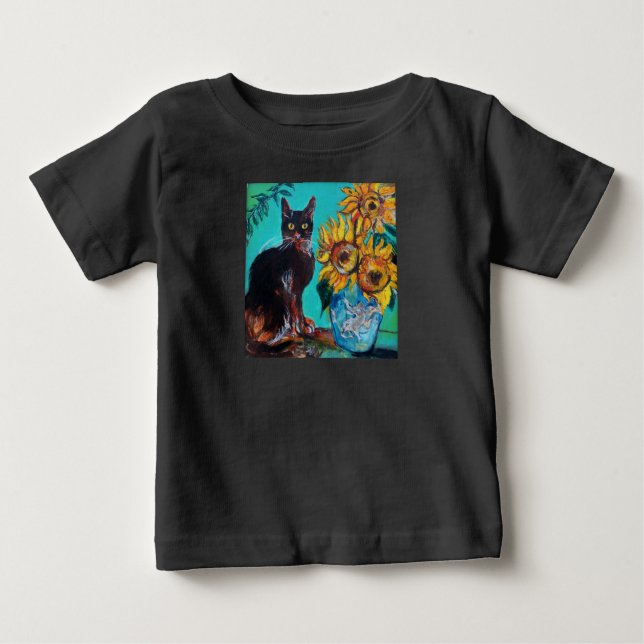 SUNFLOWERS WITH CAT IN BLUE TURQUOISE BABY T-Shirt (Front)
