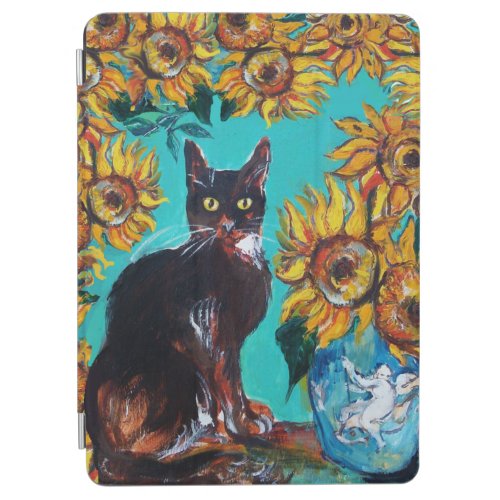 SUNFLOWERS WITH CAT IN BLUE TURQUOISE iPad AIR COVER