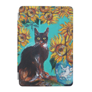 SUNFLOWERS WITH CAT IN BLUE TURQUOISE iPad MINI COVER