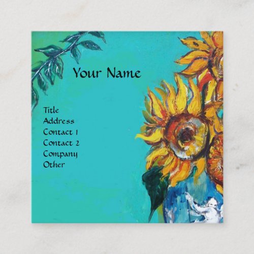 SUNFLOWERS WITH CAT IN BLUE TURQUOISE SQUARE BUSINESS CARD