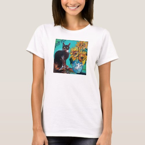 SUNFLOWERS WITH CAT IN BLUE TURQUOISE T_Shirt