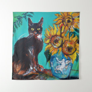 SUNFLOWERS WITH CAT IN BLUE TURQUOISE TAPESTRY