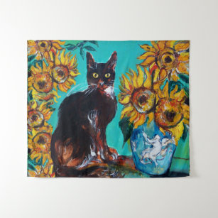 SUNFLOWERS WITH CAT IN BLUE TURQUOISE TAPESTRY