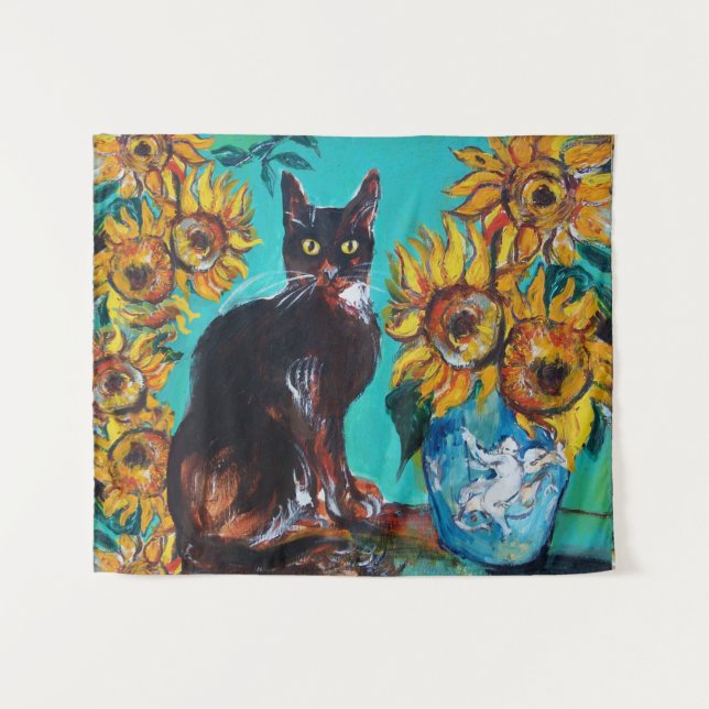 SUNFLOWERS WITH CAT IN BLUE TURQUOISE TAPESTRY (Front (Horizontal))
