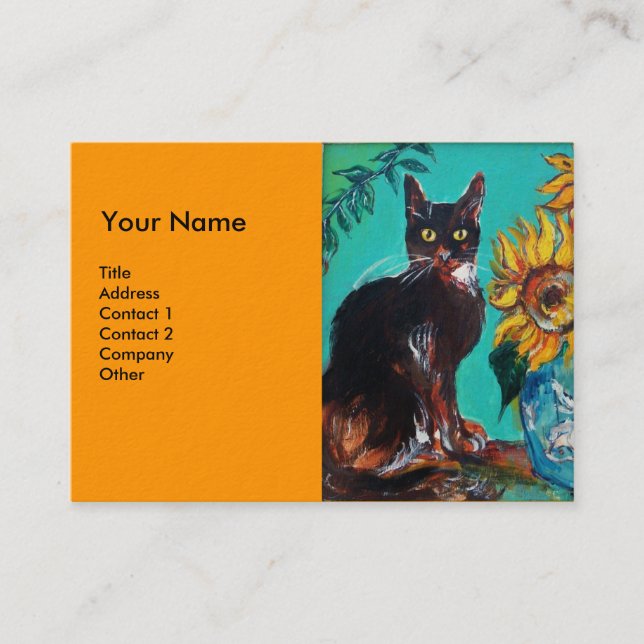 SUNFLOWERS WITH CAT,orange yellow Business Card (Front)