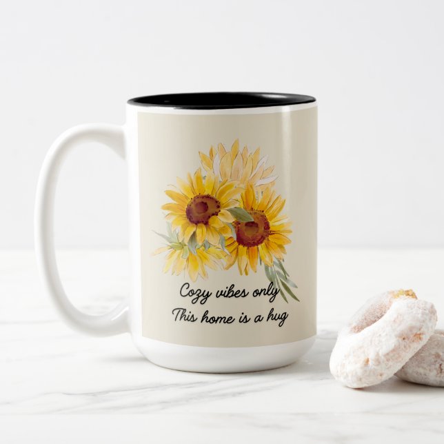 Sunflowers With Cozy Vibes Quote Two-Tone Coffee Mug (With Donut)